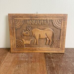 Vintage Hand carved Rhino plaque sign‎ with script writing Ethnic decor